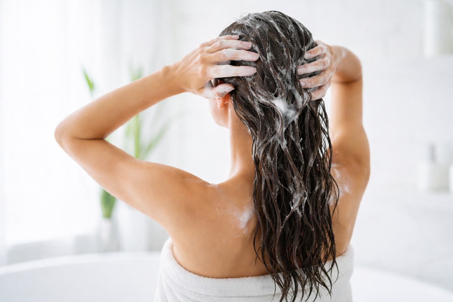 vrouw wast haar in badkamer shampoo haarverzorging vrouw die haar wast met shampoo in lichte badkamer, focus op nat en verzorgd haar