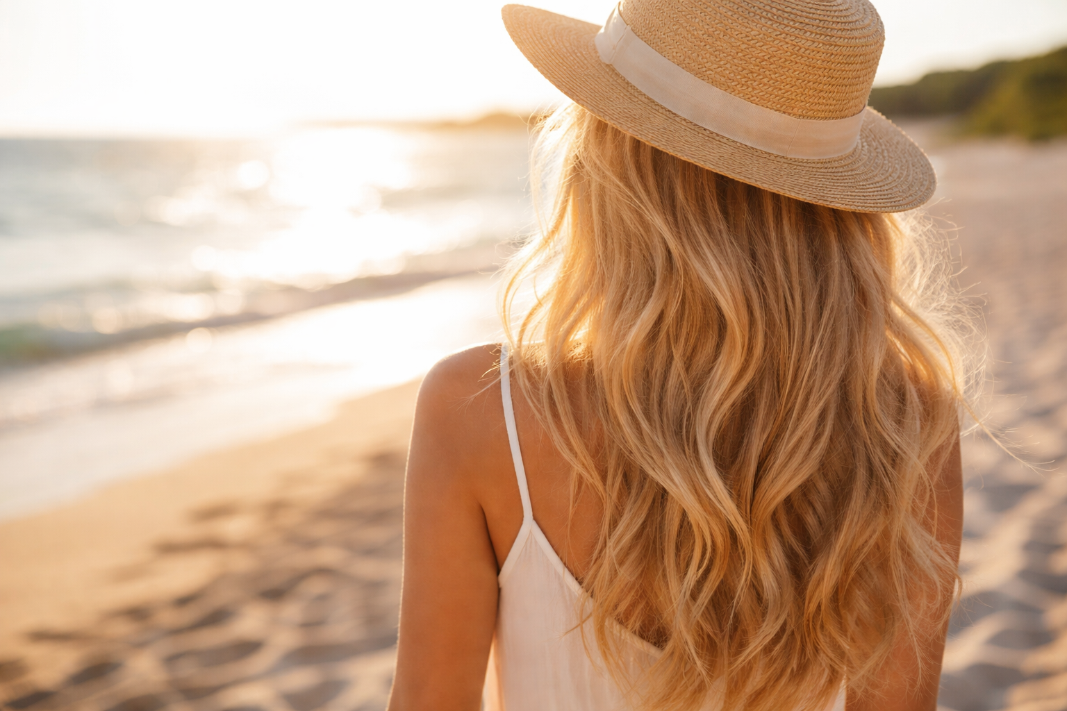Zonverlicht blond haar op het strand Vrouw met licht golvend blond haar van achteren gefotografeerd op het strand, met zonlicht dat haar haar laat oplichten