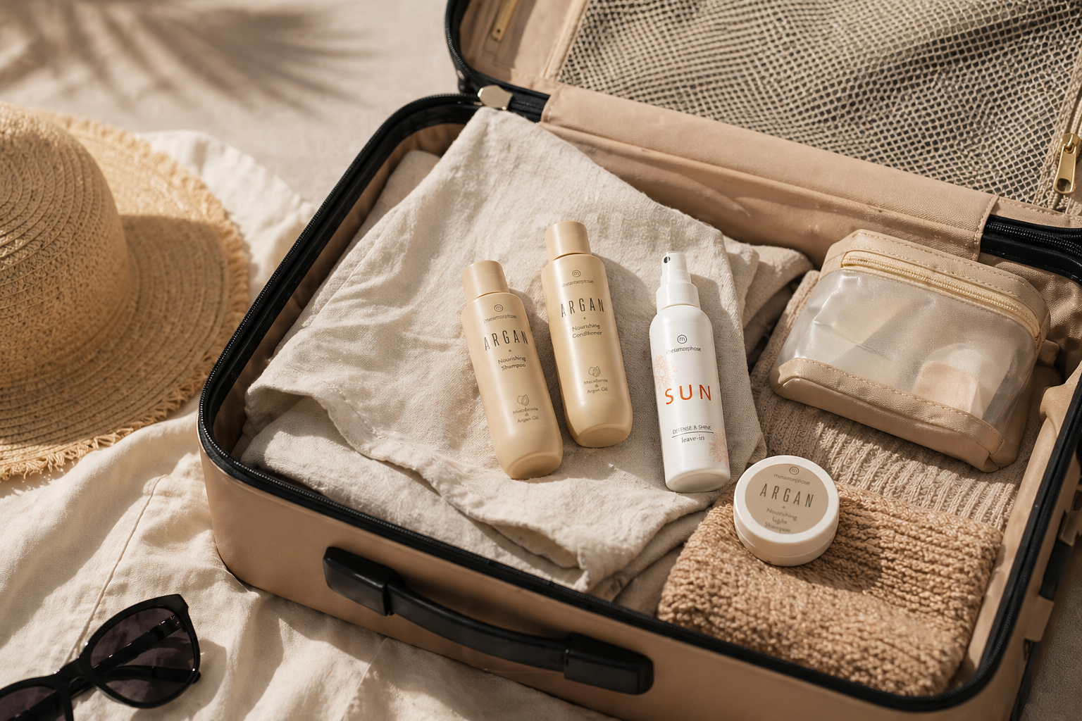 Routine capillaire de voyage avec les produits Metamorphose Valise ouverte avec des formats voyage de shampooing, après-shampooing et soins sans rinçage à l’argan Metamorphose, soigneusement rangés pour une routine capillaire minimaliste en voyage
