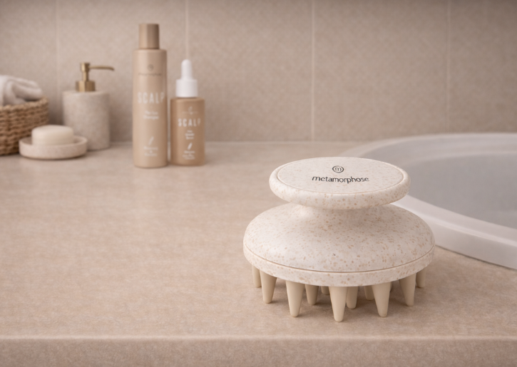 Metamorphose scalpbrush: stijlvolle toevoeging aan je haarverzorgingsroutine Metamorphose scalpbrush op een beige wastafel in een minimalistische badkamer